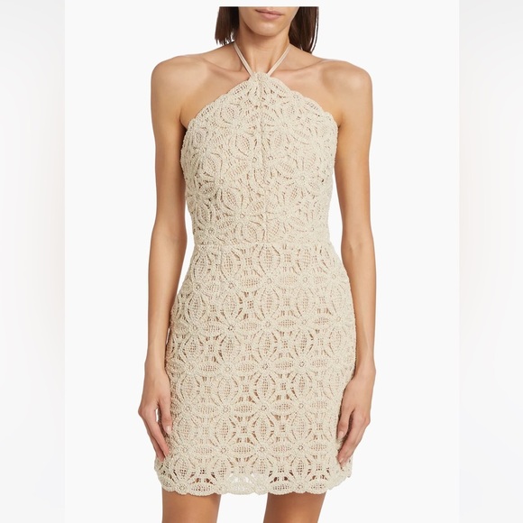 Milly Celeste Beaded Crochet Halter Dress | Natural/Tan | 10 - Picture 1 of 7